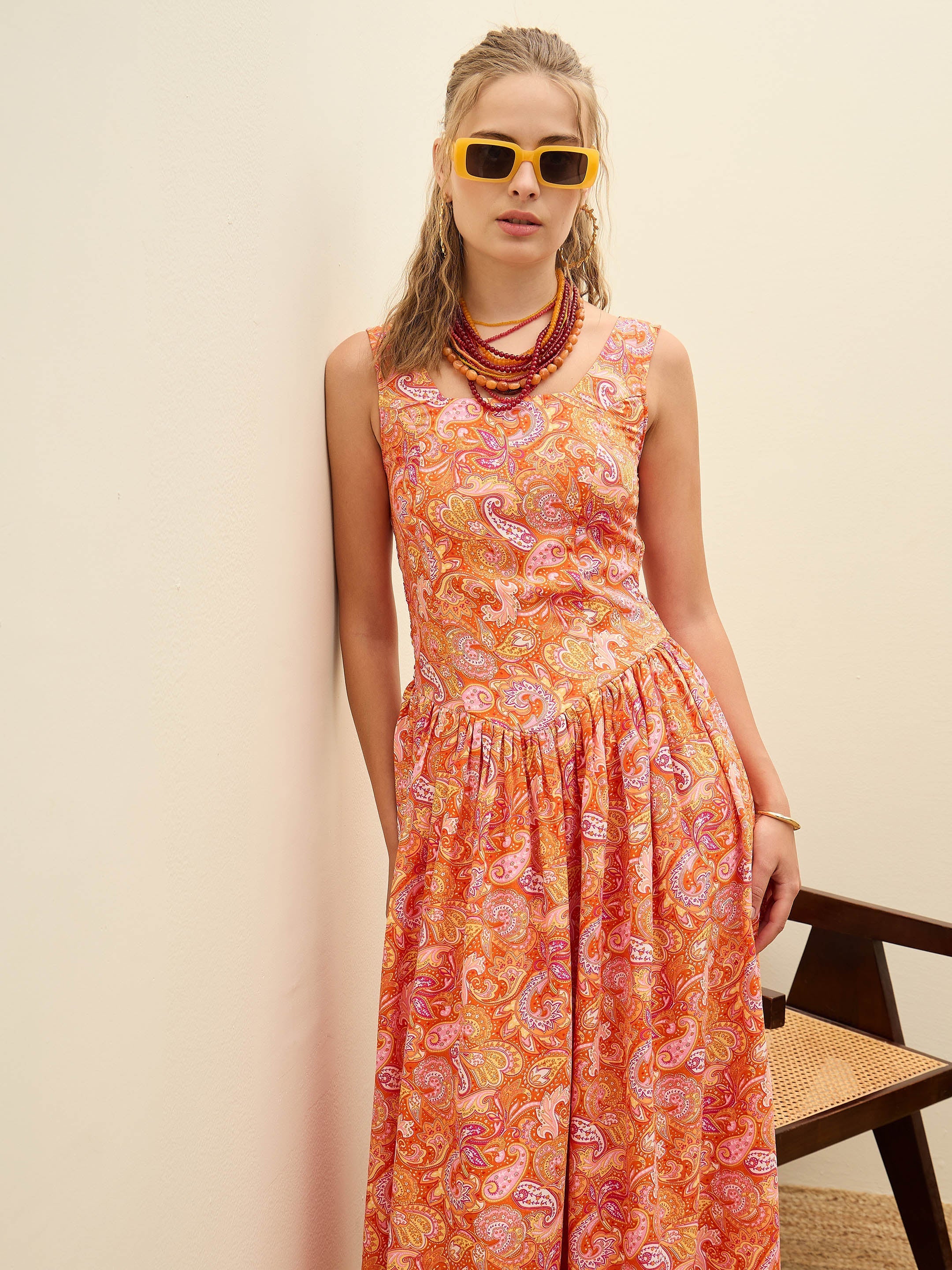 Women Orange Paisley Strappy Midi Dress-SFDRSS12959