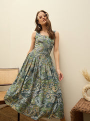 Women Green Paisley Strappy Midi Dress-SFDRSS12960