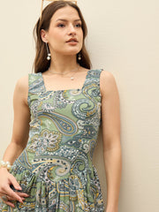 Women Green Paisley Strappy Midi Dress-SFDRSS12960