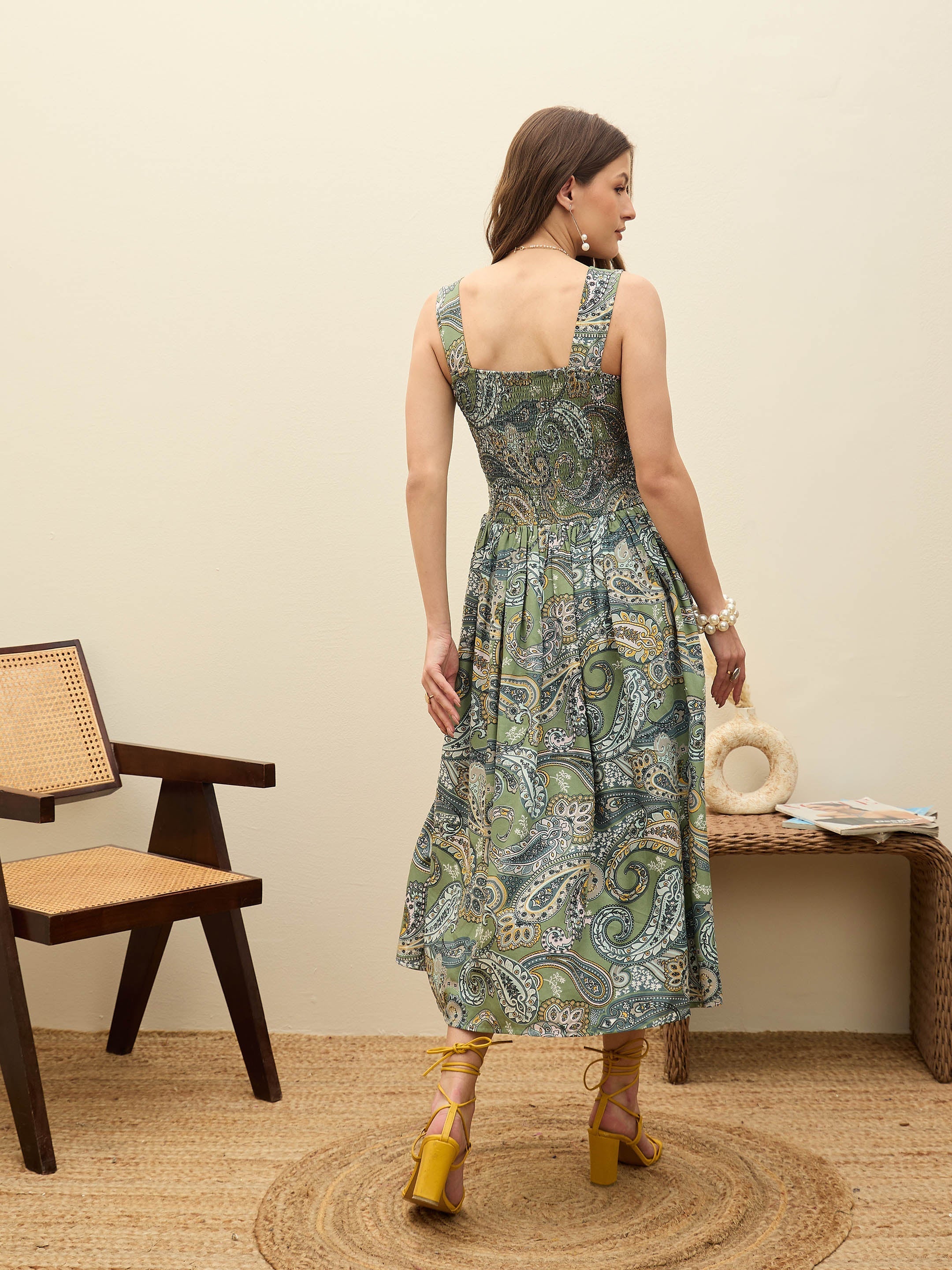 Women Green Paisley Strappy Midi Dress-SFDRSS12960