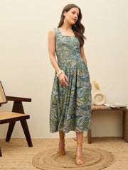 Women Green Paisley Strappy Midi Dress-SFDRSS12960