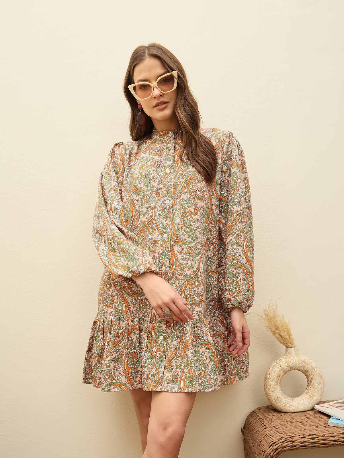 Women Peach Paisley Shirt Dress-SFDRSS12962