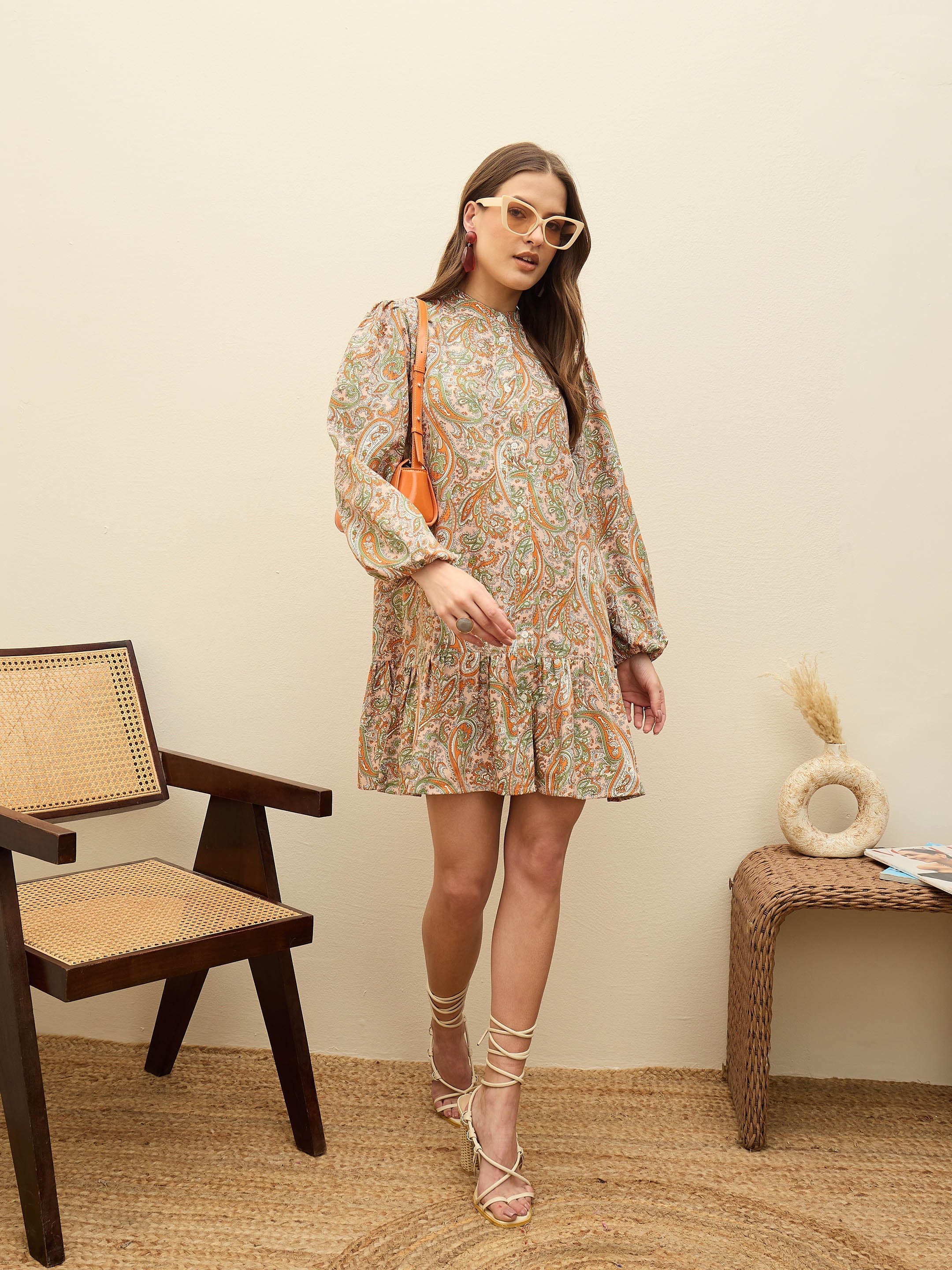 Women Peach Paisley Shirt Dress-SFDRSS12962