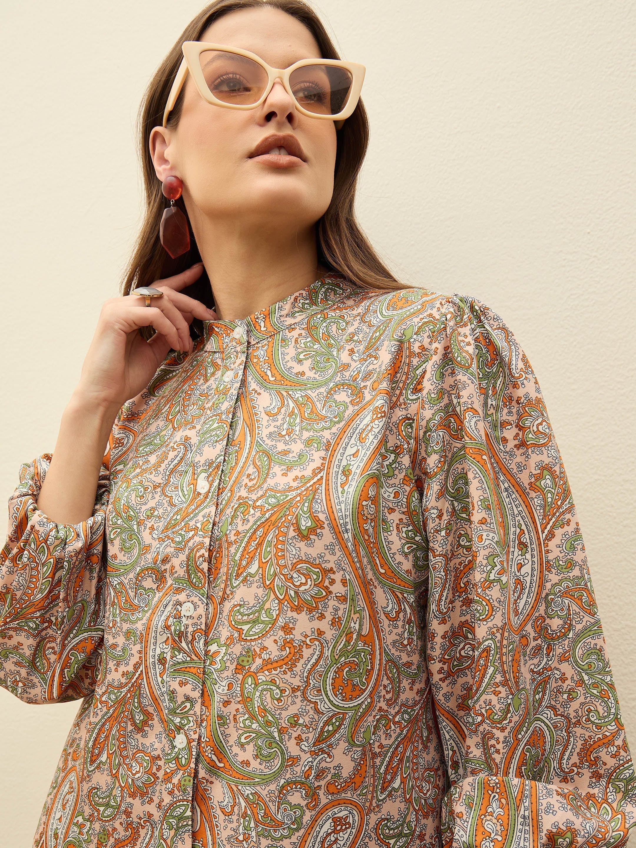 Women Peach Paisley Shirt Dress-SFDRSS12962
