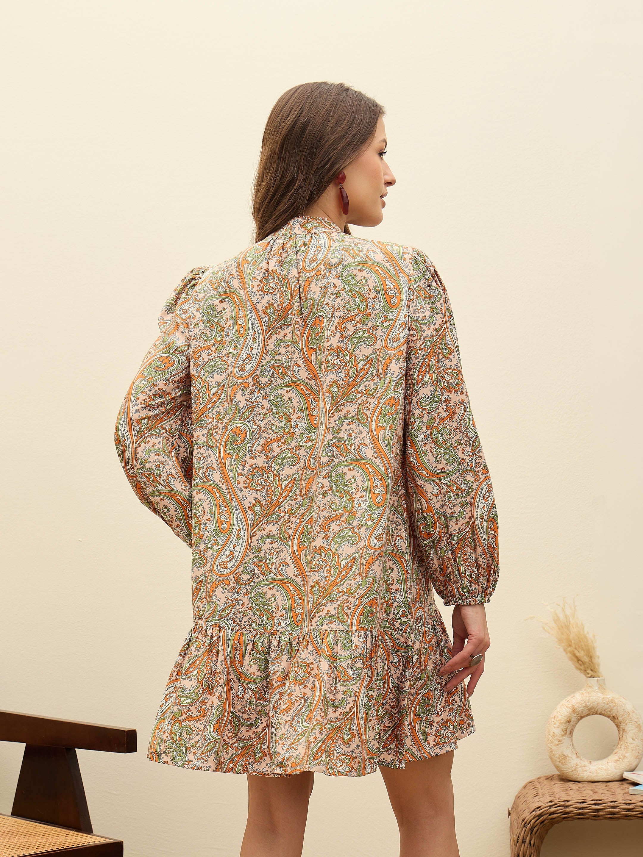 Women Peach Paisley Shirt Dress-SFDRSS12962