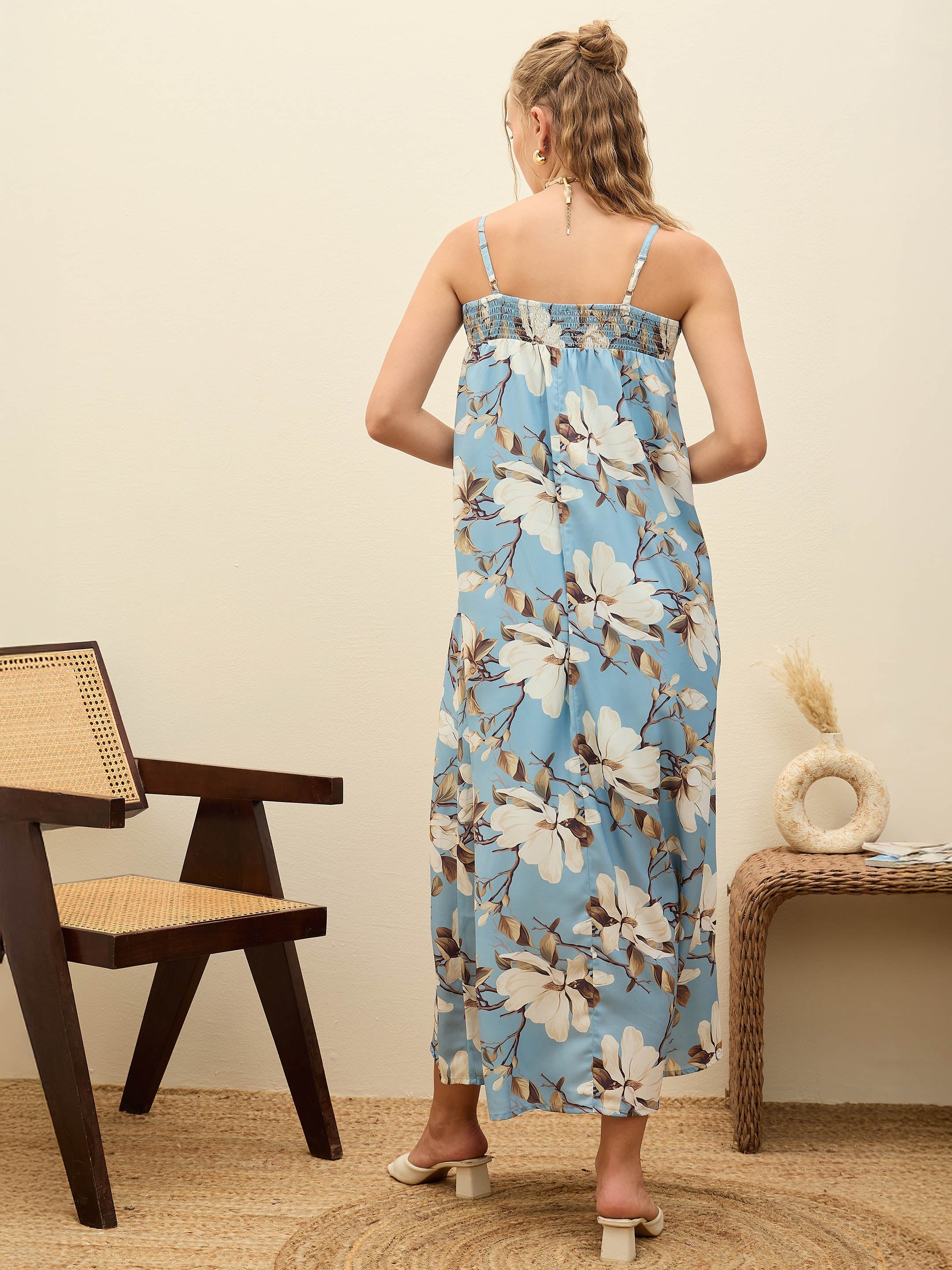 Women Blue Floral Strappy Loose Fit Maxi Dress-SFDRSS12964