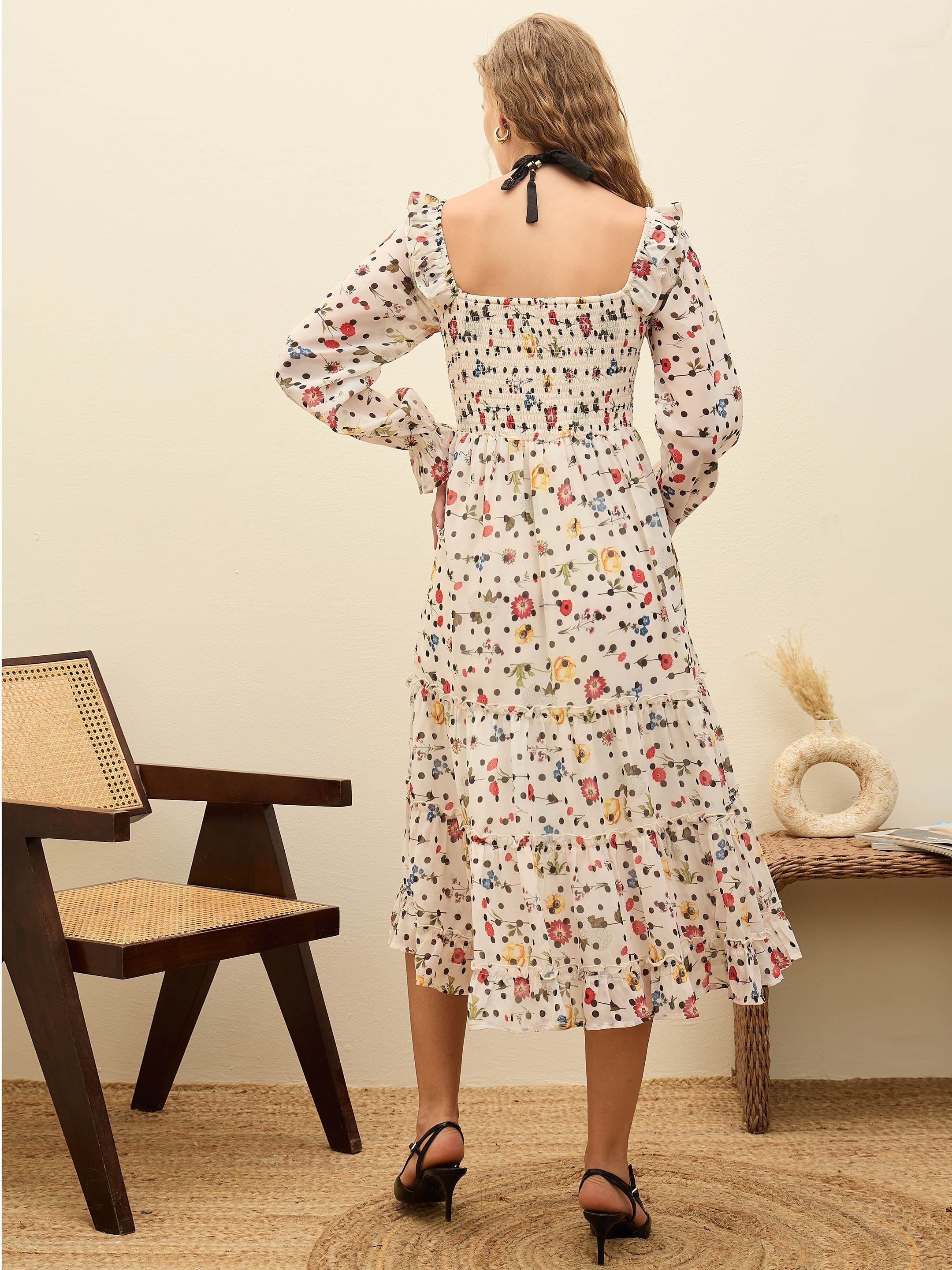 Women Off-White Ditsy Floral Square Neck Maxi Dress-SFDRSS12965