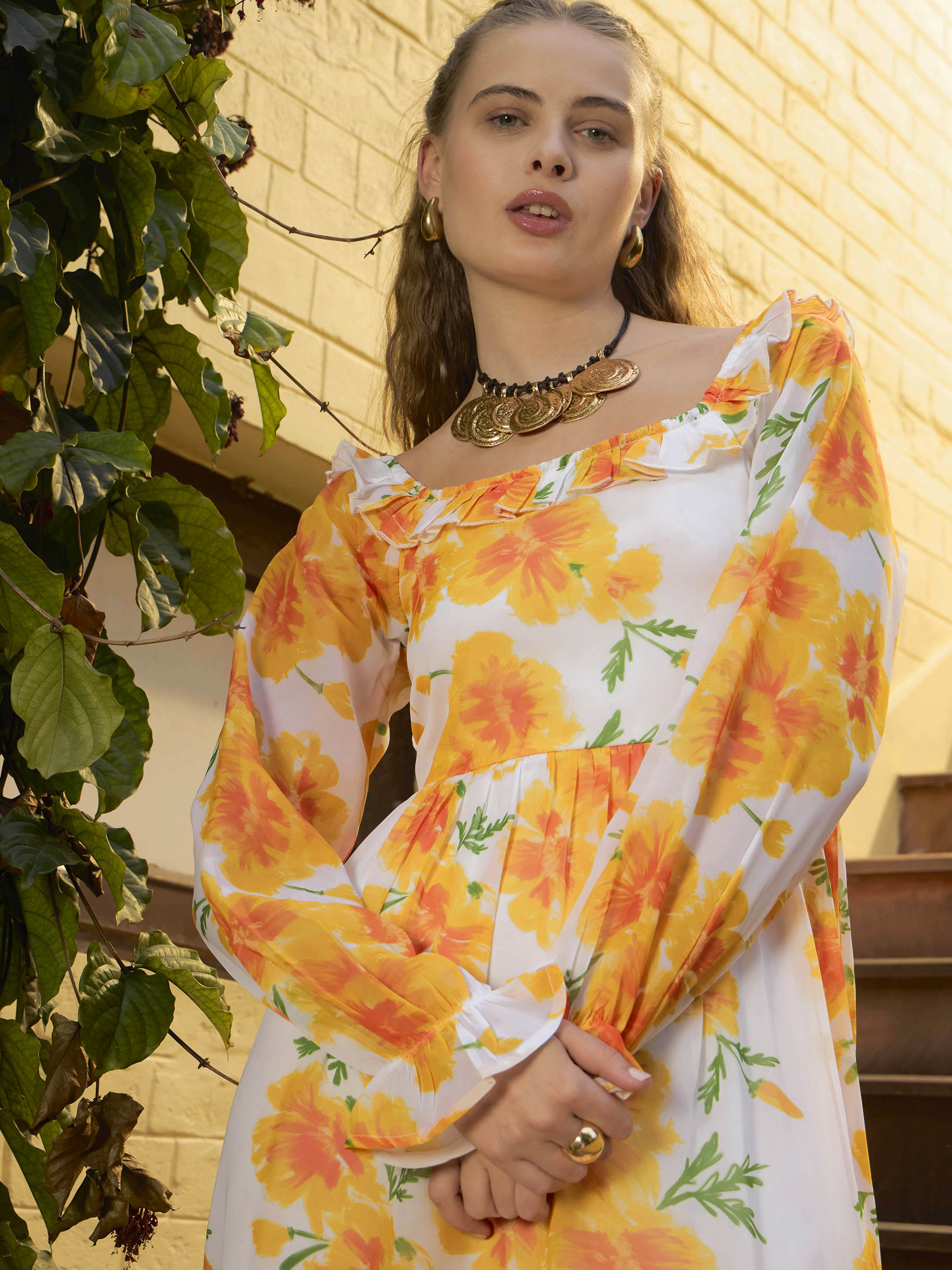Women Yellow Floral Square Neck Maxi Dress-SFDRSS12966