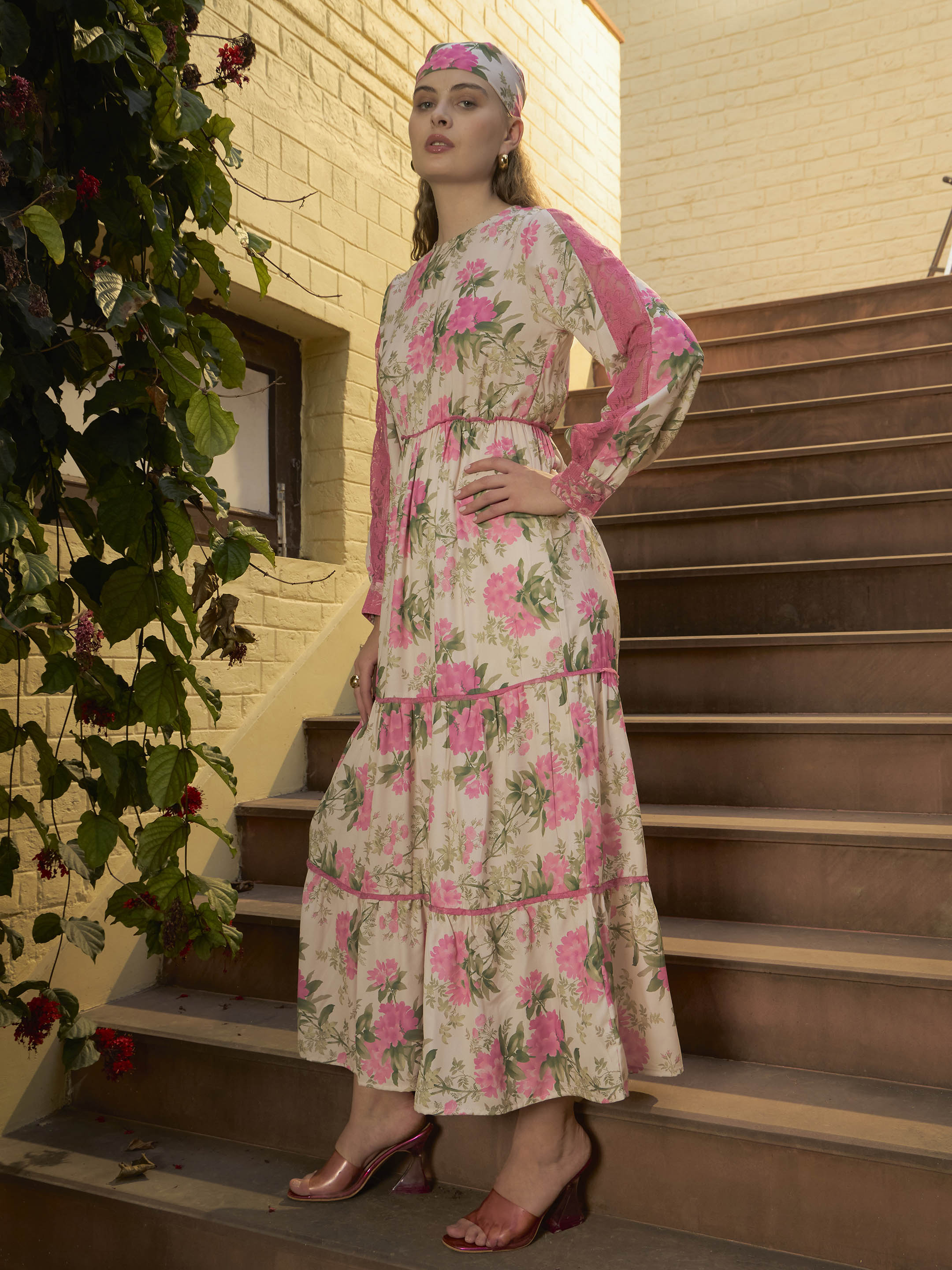 Women Beige Floral Tiered Maxi Dress-SFDRSS12968