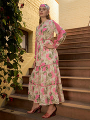Women Beige Floral Tiered Maxi Dress-SFDRSS12968