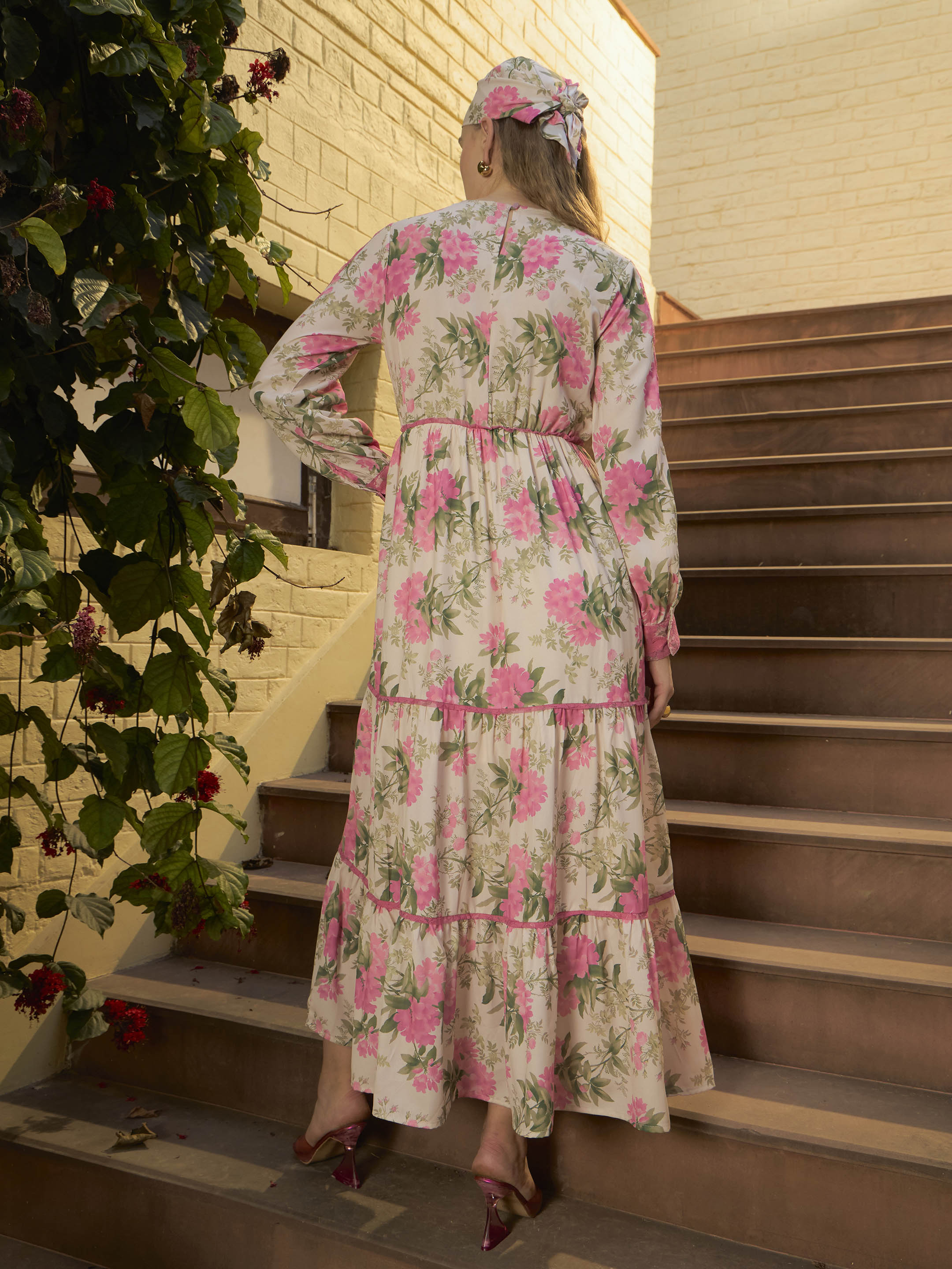 Women Beige Floral Tiered Maxi Dress-SFDRSS12968