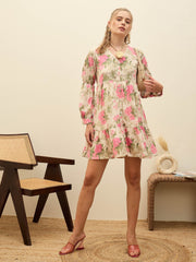 Women Beige Floral Ruffle Hem V-Neck Short Dress-SFDRSS12969