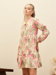 Women Beige Floral Ruffle Hem V-Neck Short Dress-SFDRSS12969