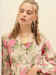 Women Beige Floral Ruffle Hem V-Neck Short Dress-SFDRSS12969