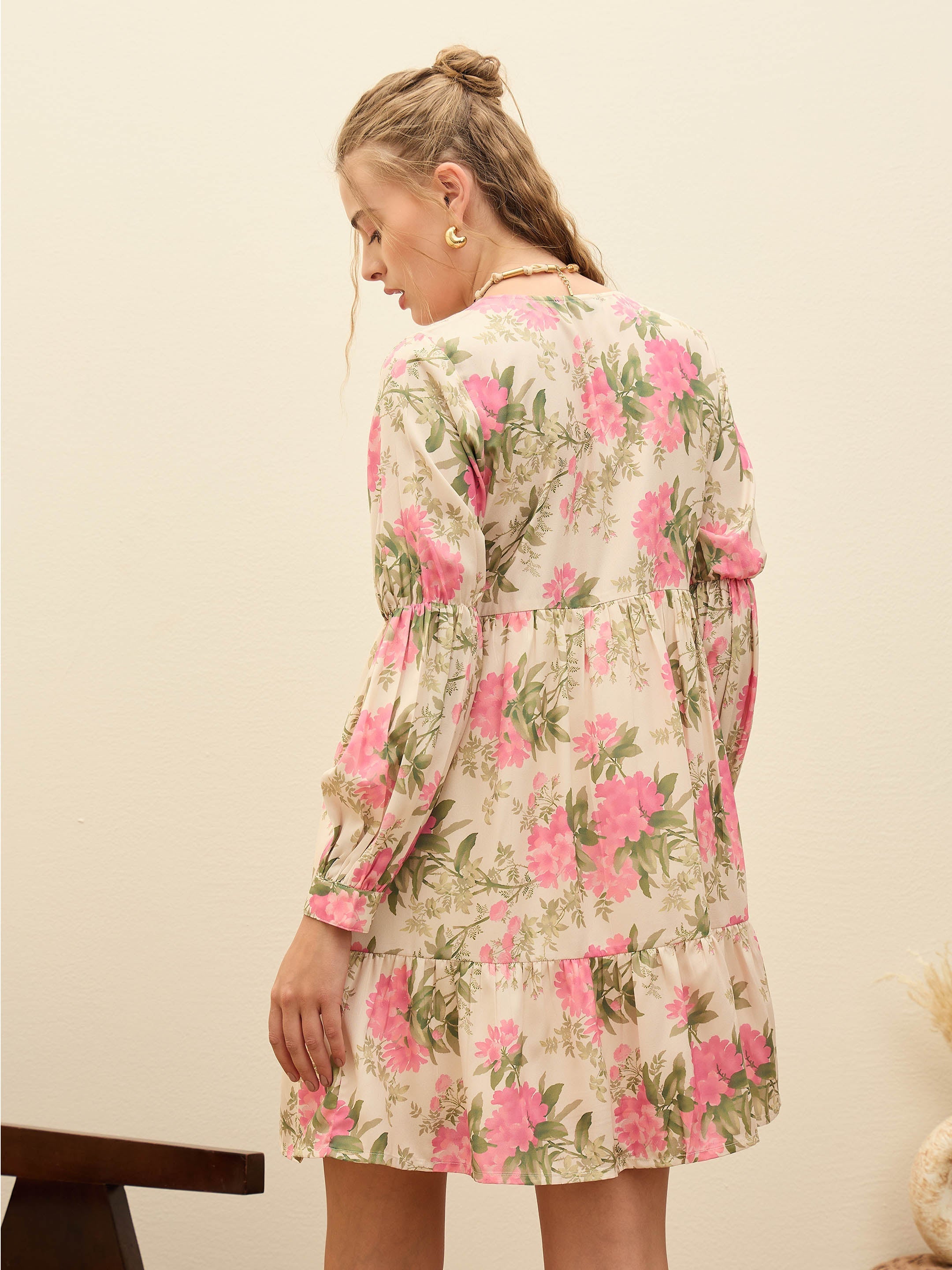 Women Beige Floral Ruffle Hem V-Neck Short Dress-SFDRSS12969