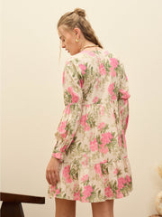 Women Beige Floral Ruffle Hem V-Neck Short Dress-SFDRSS12969