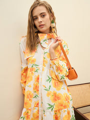 Women Yellow Floral Ruffle Hem V-Neck Short Dress-SFDRSS12970