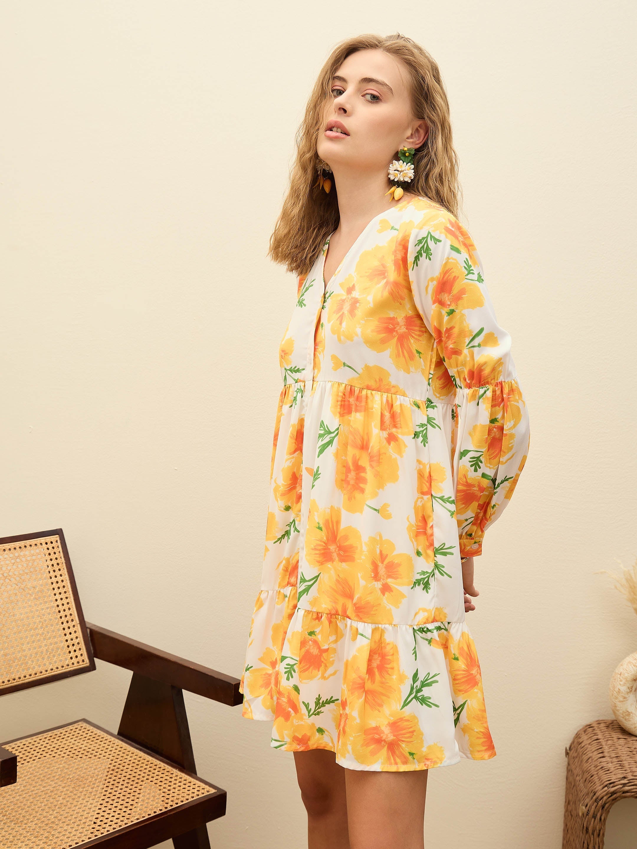 Women Yellow Floral Ruffle Hem V-Neck Short Dress-SFDRSS12970