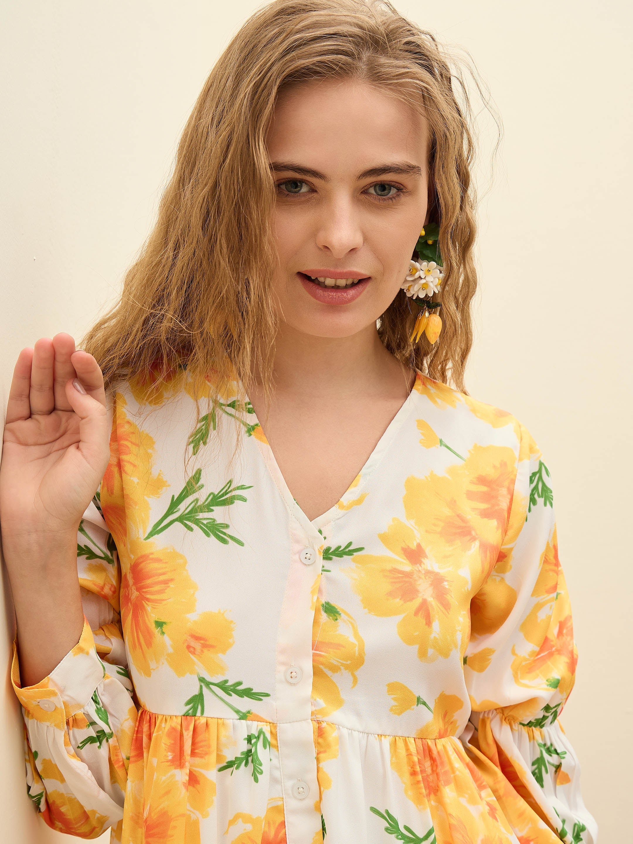 Women Yellow Floral Ruffle Hem V-Neck Short Dress-SFDRSS12970