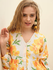 Women Yellow Floral Ruffle Hem V-Neck Short Dress-SFDRSS12970