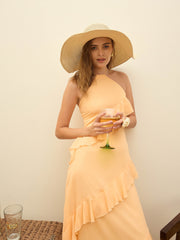 Women Peach Solid Halter Neck Maxi Dress-SFDRSS12971