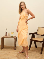 Women Peach Solid Halter Neck Maxi Dress-SFDRSS12971
