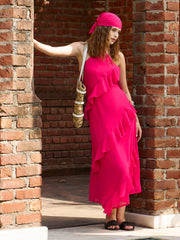 Women Fuchsia Solid Halter Neck Maxi Dress-SFDRSS12972