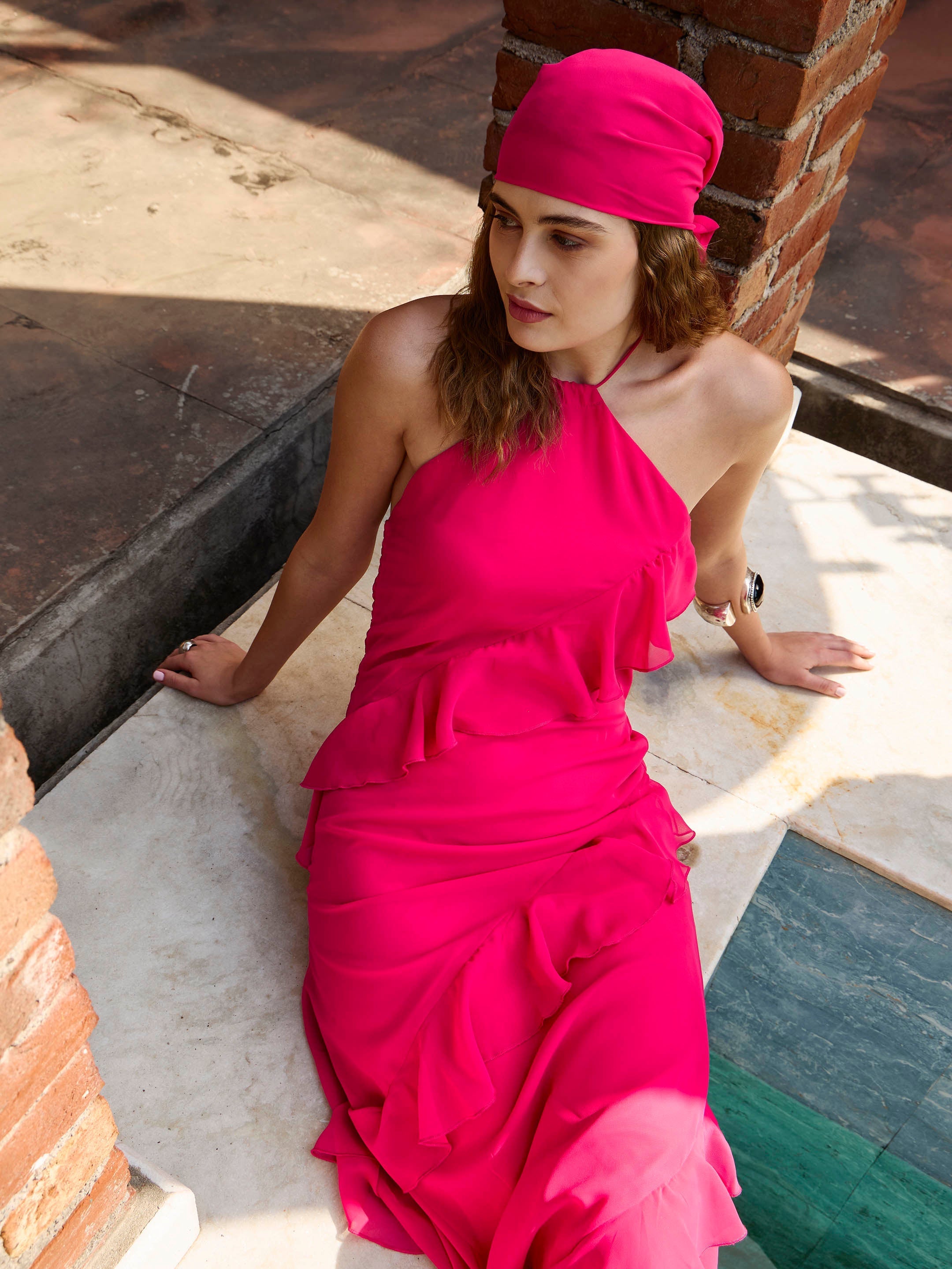 Women Fuchsia Solid Halter Neck Maxi Dress-SFDRSS12972