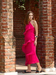 Women Fuchsia Solid Halter Neck Maxi Dress-SFDRSS12972