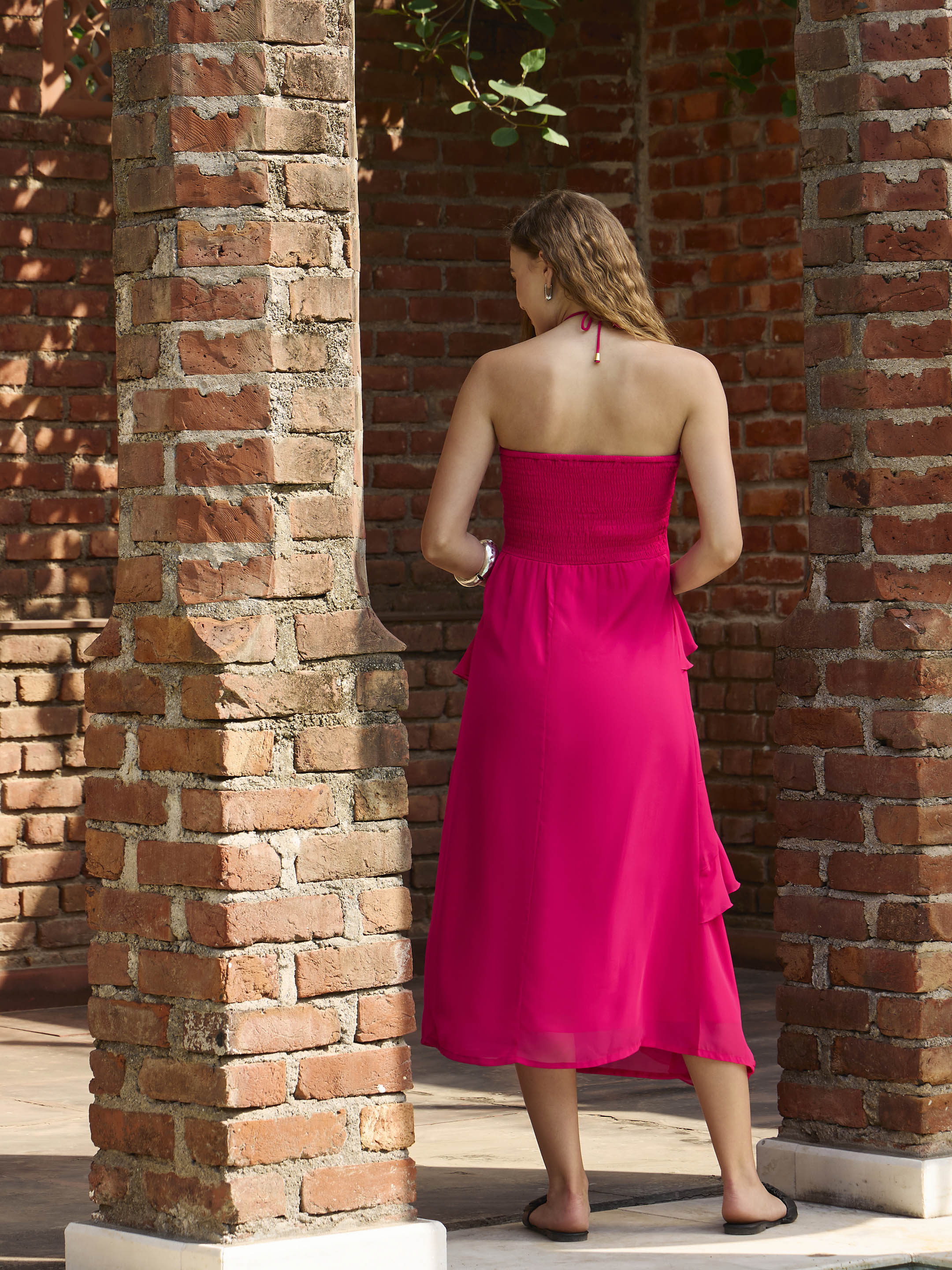 Women Fuchsia Solid Halter Neck Maxi Dress-SFDRSS12972