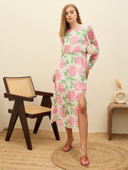 Women White Floral Front Yoke Midi Dress-SFDRSS12973