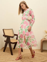 Women White Floral Front Yoke Midi Dress-SFDRSS12973