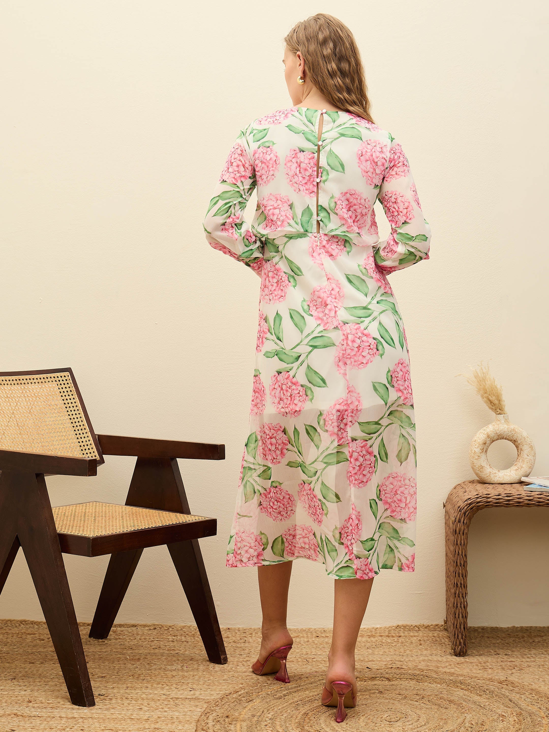 Women White Floral Front Yoke Midi Dress-SFDRSS12973