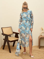 Women Blue Floral Front Yoke Midi Dress-SFDRSS12974