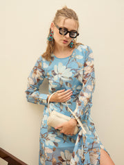 Women Blue Floral Front Yoke Midi Dress-SFDRSS12974