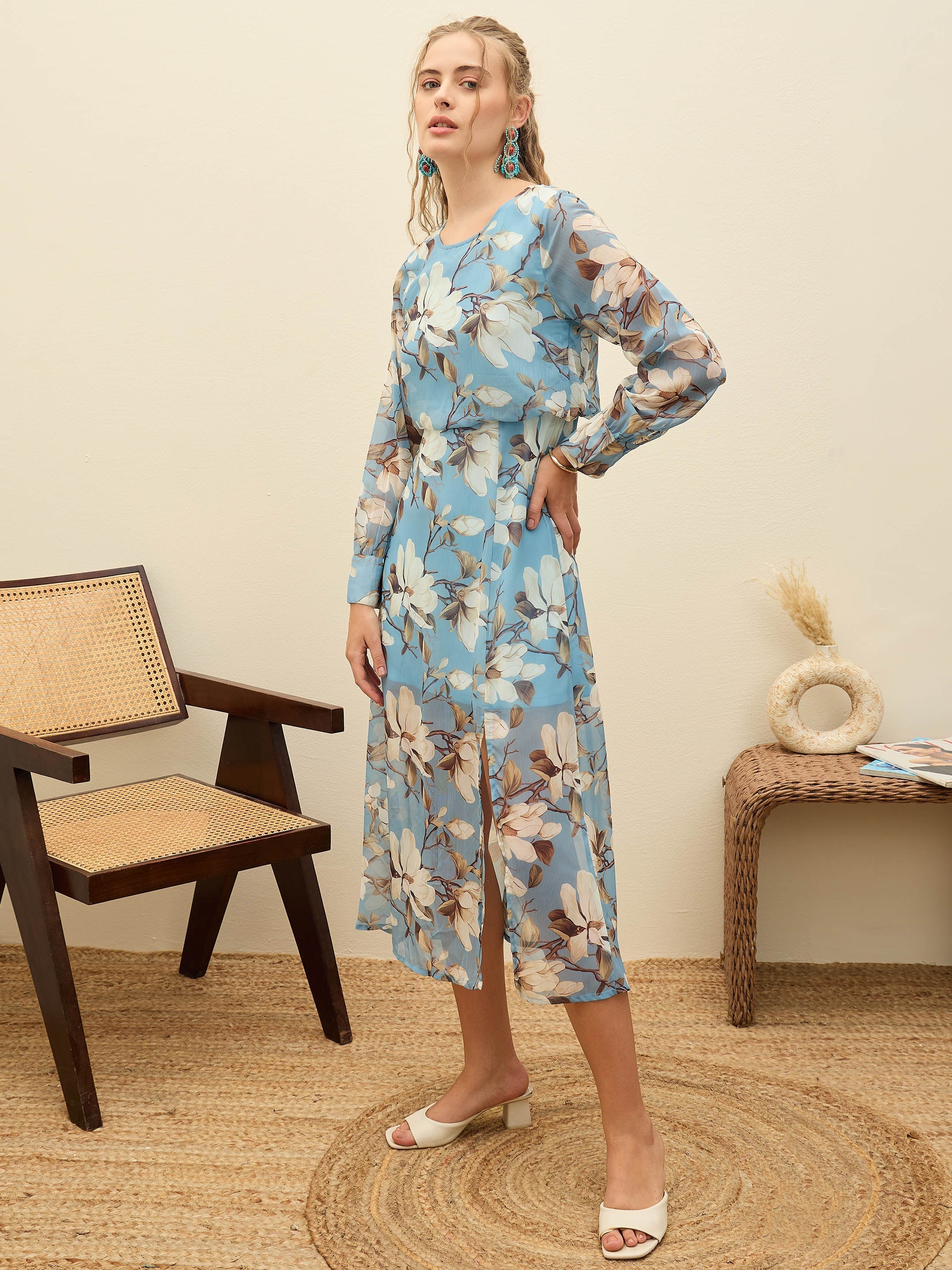 Women Blue Floral Front Yoke Midi Dress-SFDRSS12974