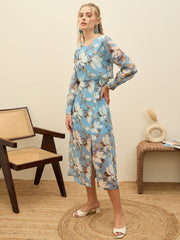 Women Blue Floral Front Yoke Midi Dress-SFDRSS12974