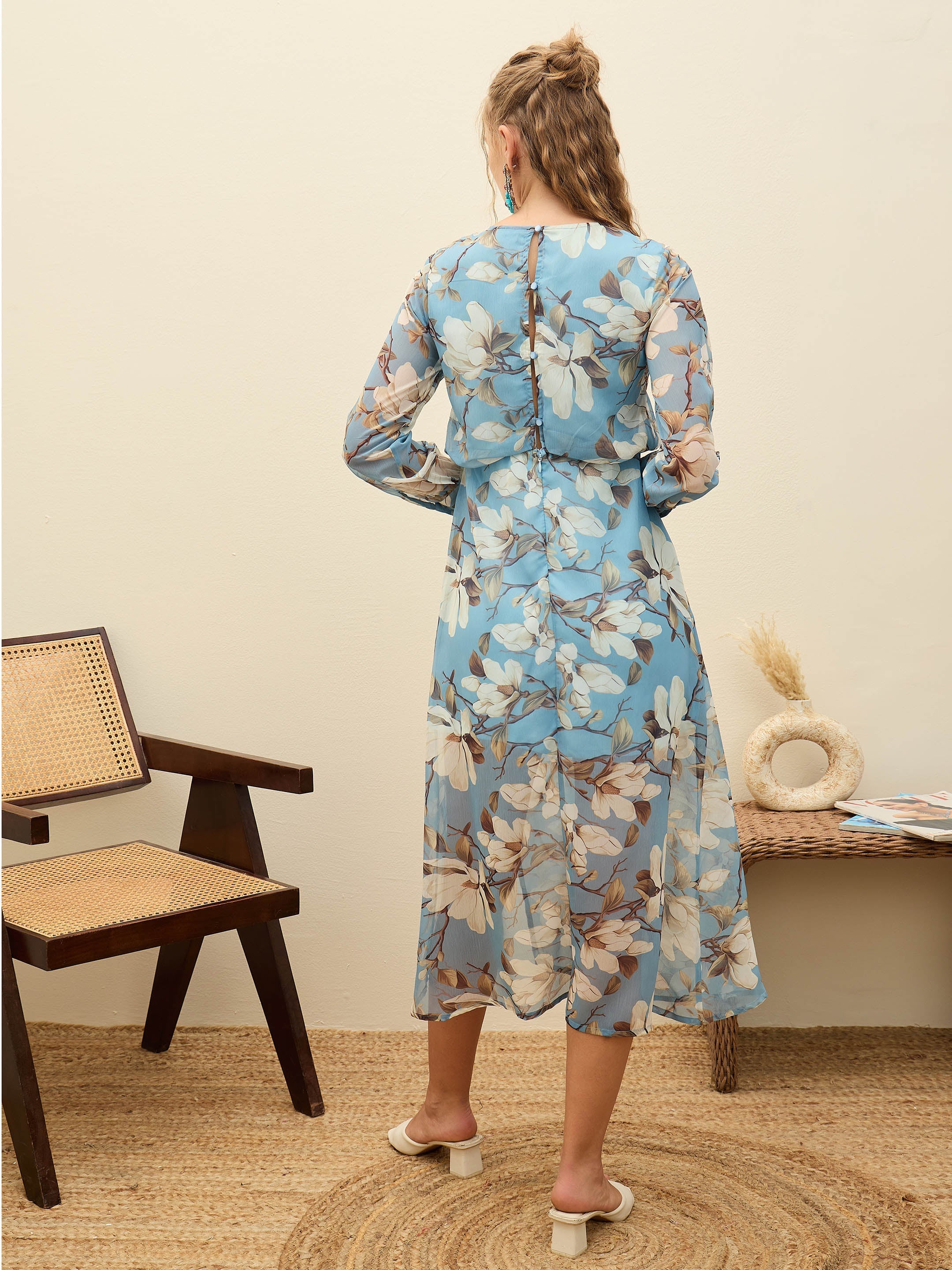 Women Blue Floral Front Yoke Midi Dress-SFDRSS12974