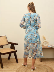 Women Blue Floral Front Yoke Midi Dress-SFDRSS12974