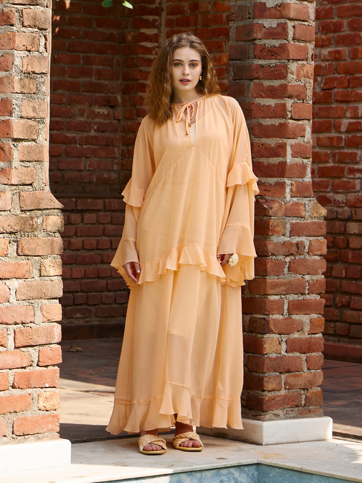 Women Peach Solid Loose Fit Maxi Dress-SFDRSS12975
