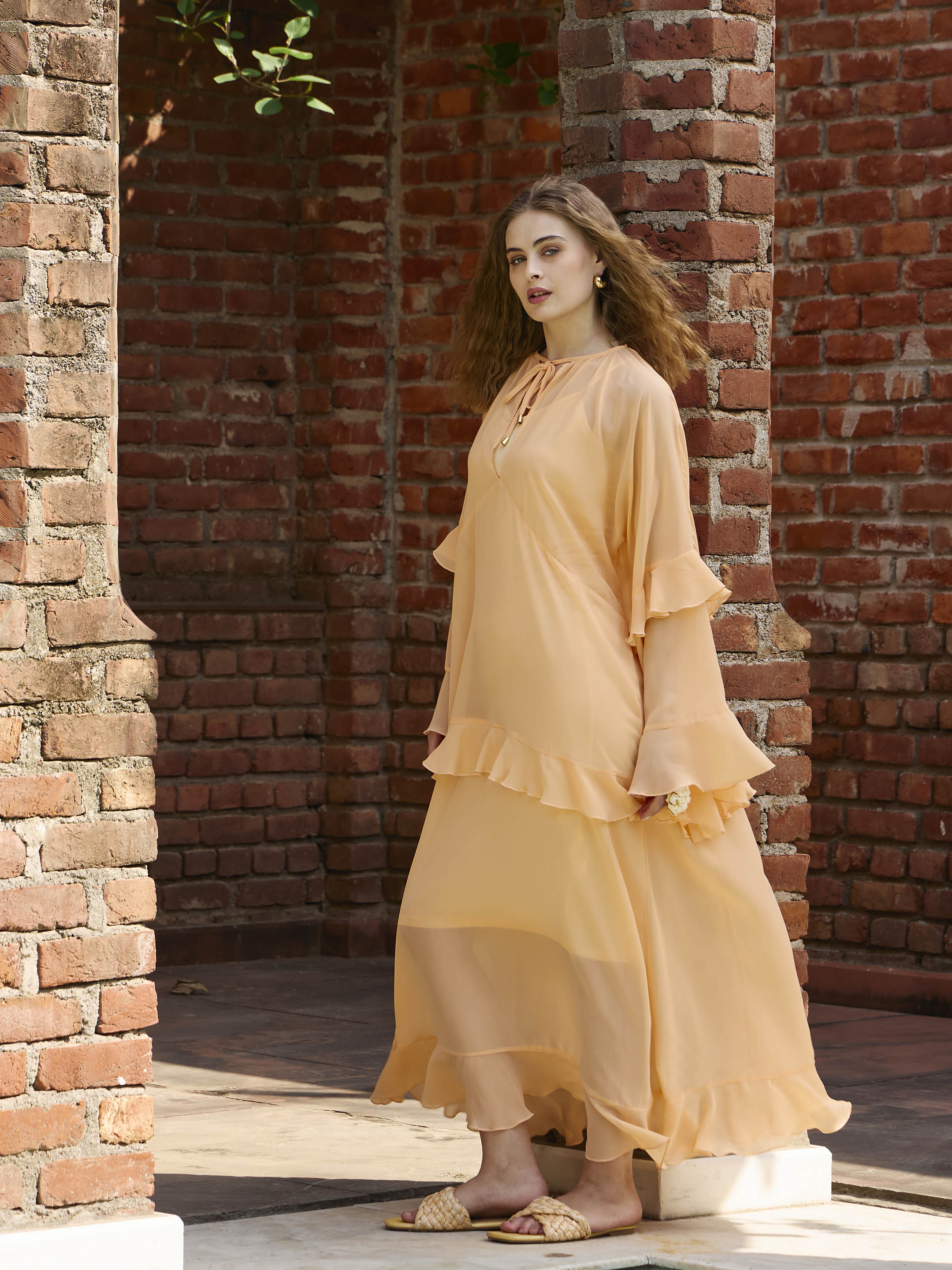 Women Peach Solid Loose Fit Maxi Dress-SFDRSS12975