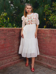 Women White Dobby Tiered Midi Dress-SFDRSS12977