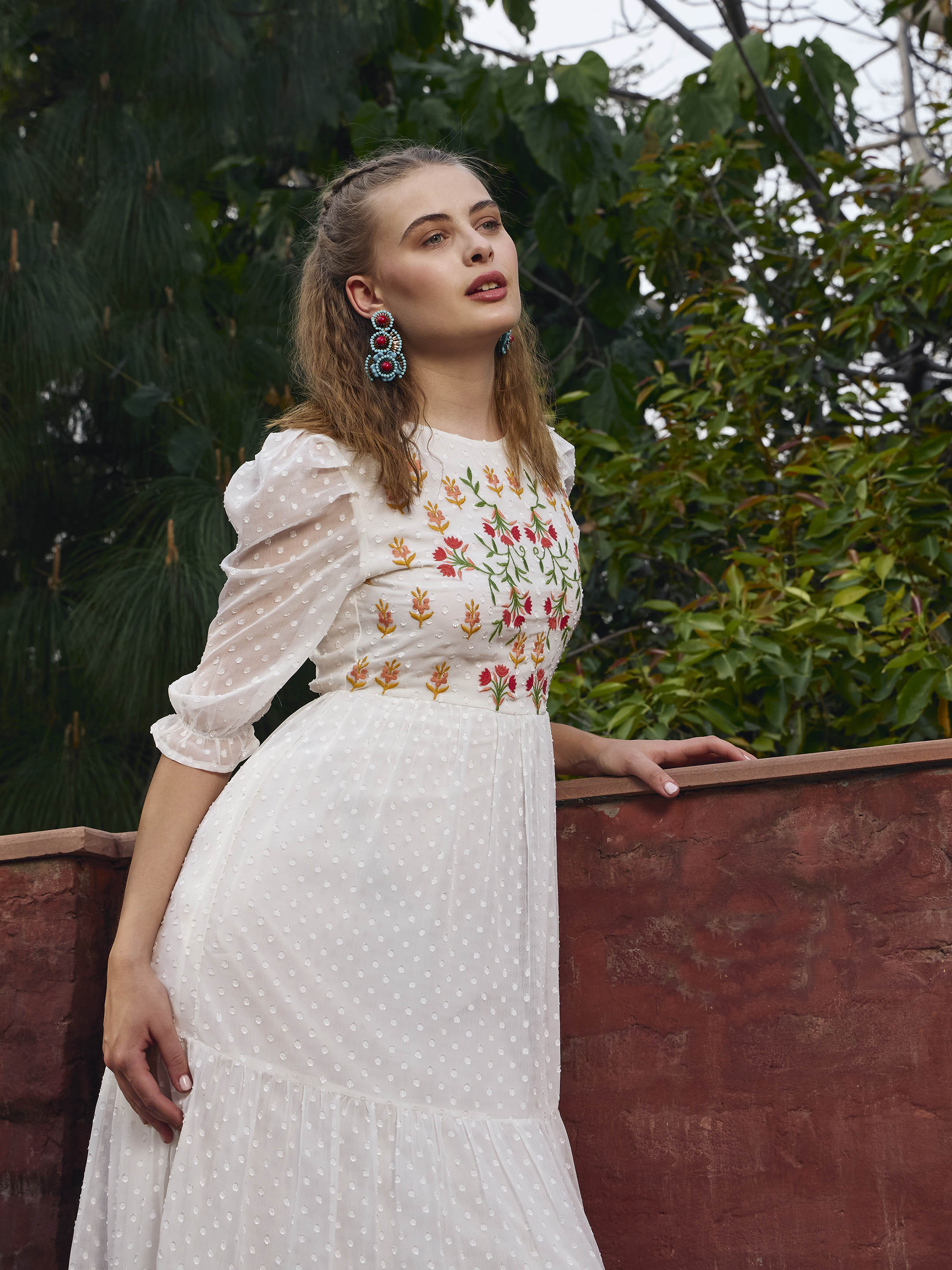 Women White Dobby Tiered Midi Dress-SFDRSS12977