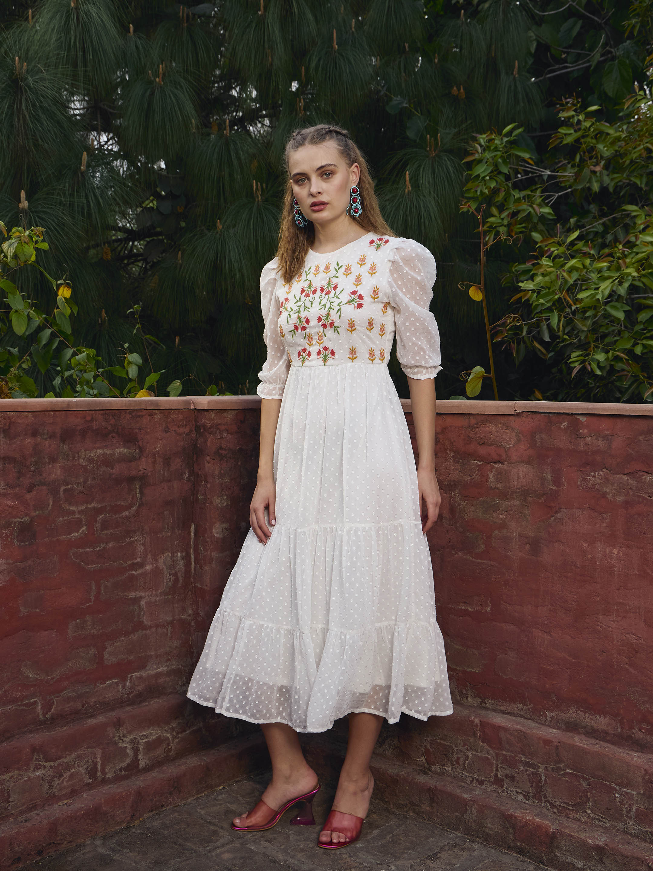 Women White Dobby Tiered Midi Dress-SFDRSS12977