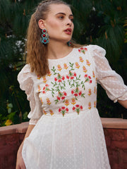 Women White Dobby Tiered Midi Dress-SFDRSS12977