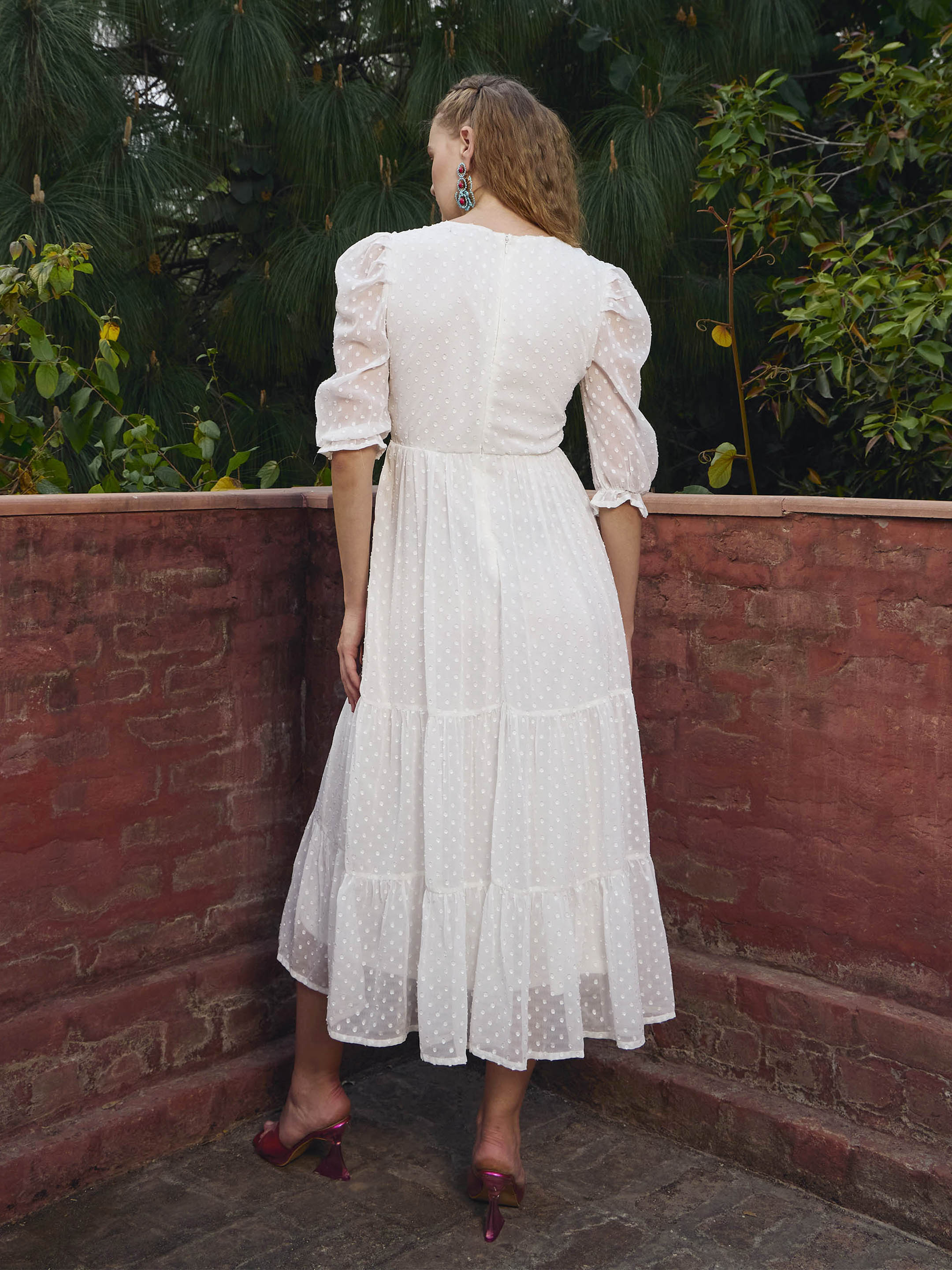 Women White Dobby Tiered Midi Dress-SFDRSS12977