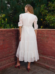 Women White Dobby Tiered Midi Dress-SFDRSS12977