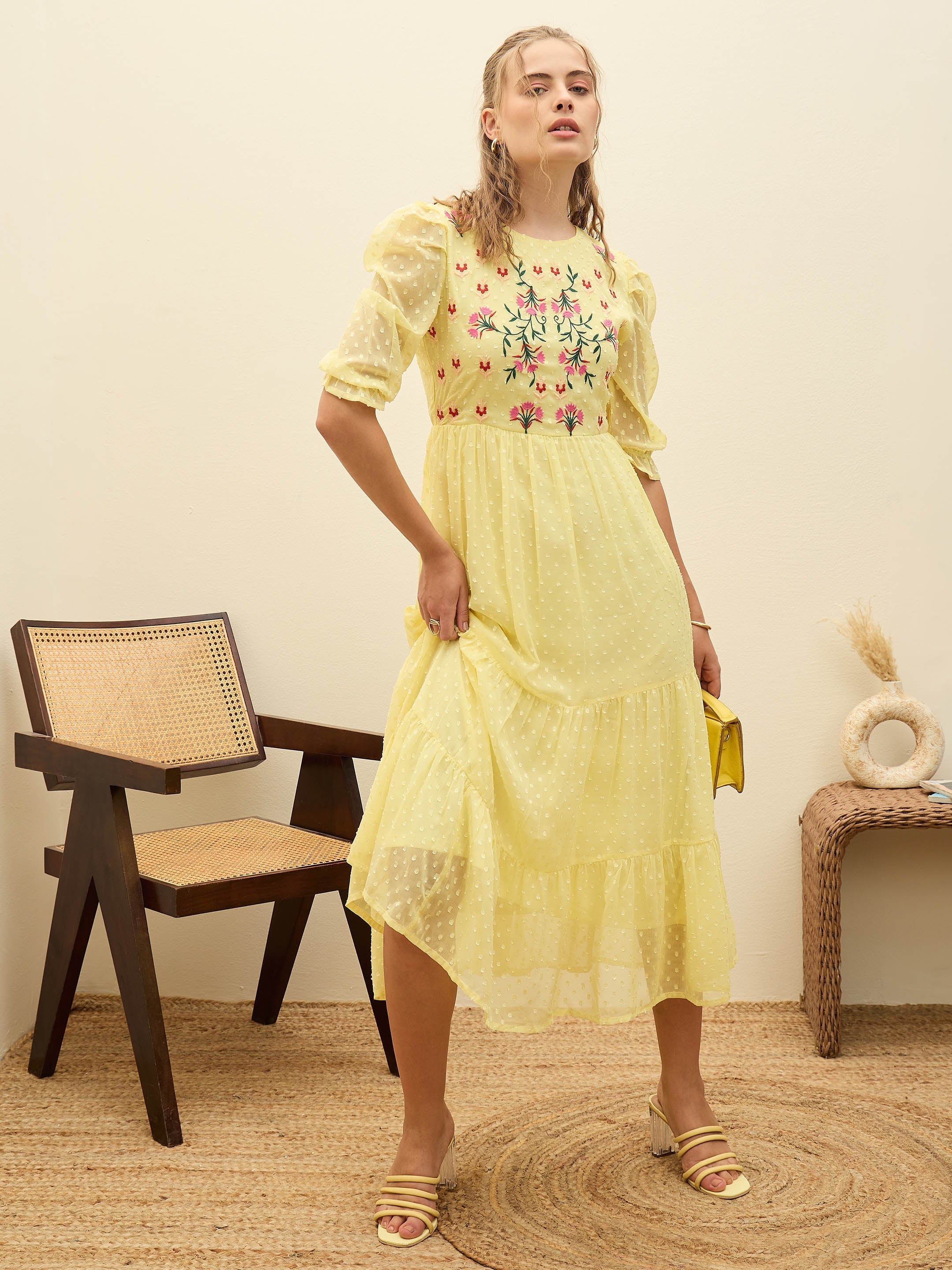 Women Yellow Dobby Tiered Midi Dress-SFDRSS12978
