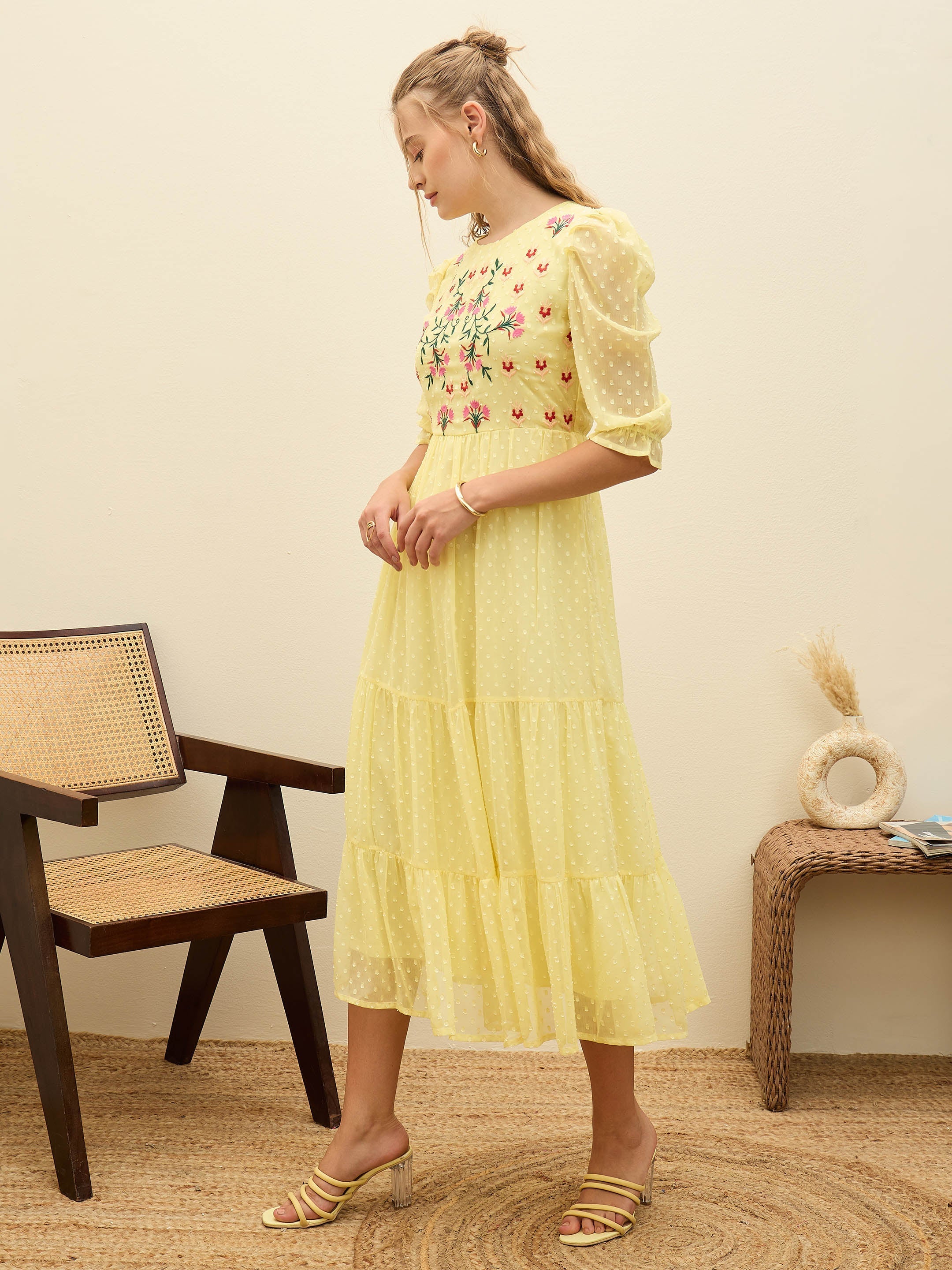 Women Yellow Dobby Tiered Midi Dress-SFDRSS12978