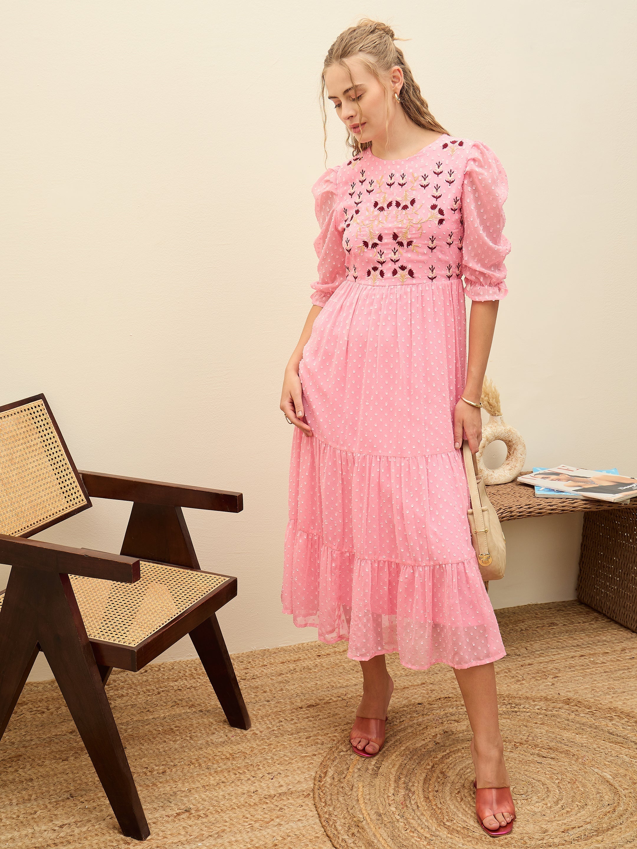 Women Pink Dobby Tiered Midi Dress-SFDRSS12979